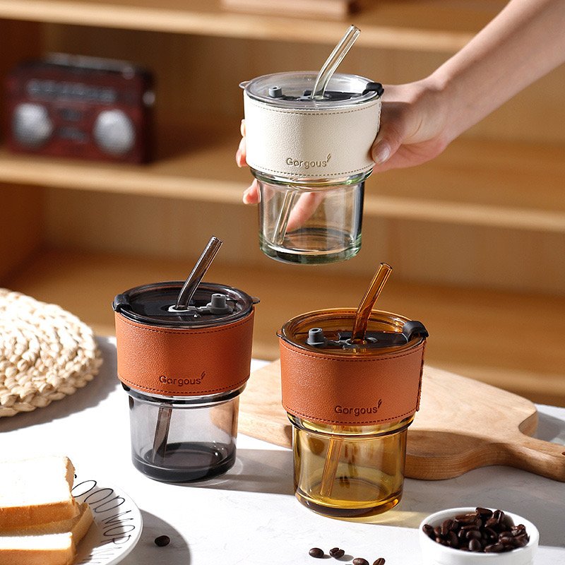 Travel Coffee Glass Mug With Lid - Straw Heat-resistant Drinking Cup With Leather Cup Pot High Quality Glass With Lid And Straw