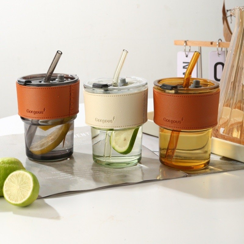 Travel Coffee Glass Mug With Lid - Straw Heat-resistant Drinking Cup With Leather Cup Pot High Quality Glass With Lid And Straw