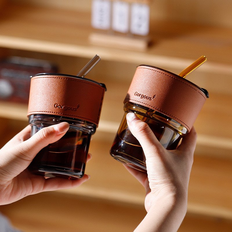 Travel Coffee Glass Mug With Lid - Straw Heat-resistant Drinking Cup With Leather Cup Pot High Quality Glass With Lid And Straw
