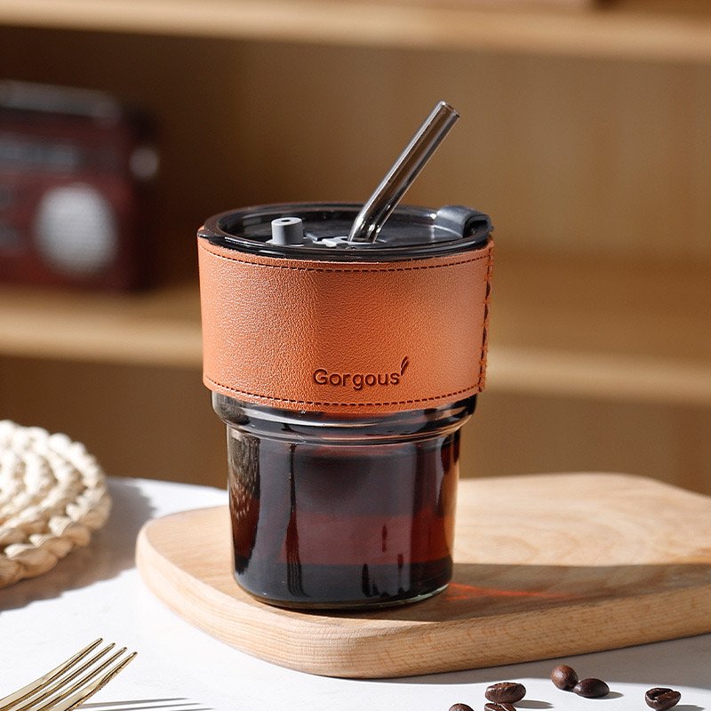 Travel Coffee Glass Mug With Lid - Straw Heat-resistant Drinking Cup With Leather Cup Pot High Quality Glass With Lid And Straw