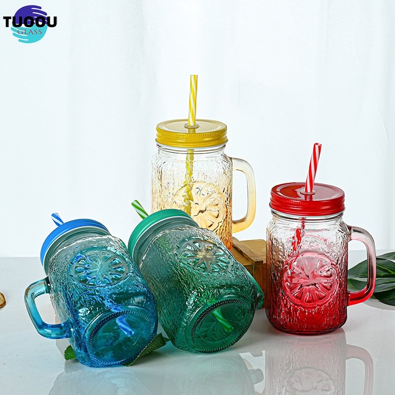 Inventory Wholesale 18oz Lemon Texture Printing Glass Mason Jar Can With And Straw lid Cup Juice Coffee Cold Drink Handle Mug