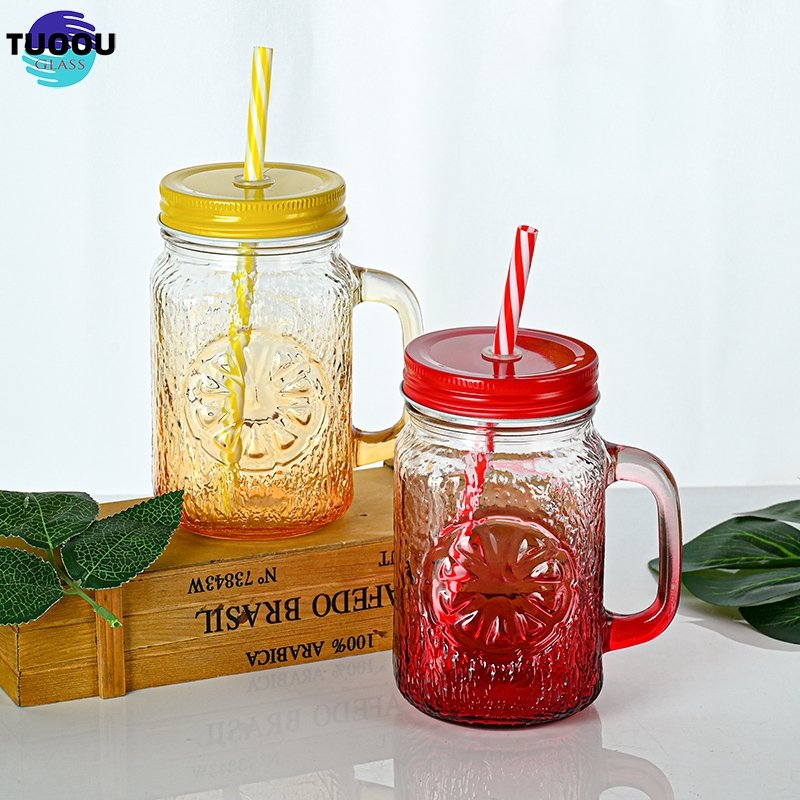 Inventory Wholesale 18oz Lemon Texture Printing Glass Mason Jar Can With And Straw lid Cup Juice Coffee Cold Drink Handle Mug