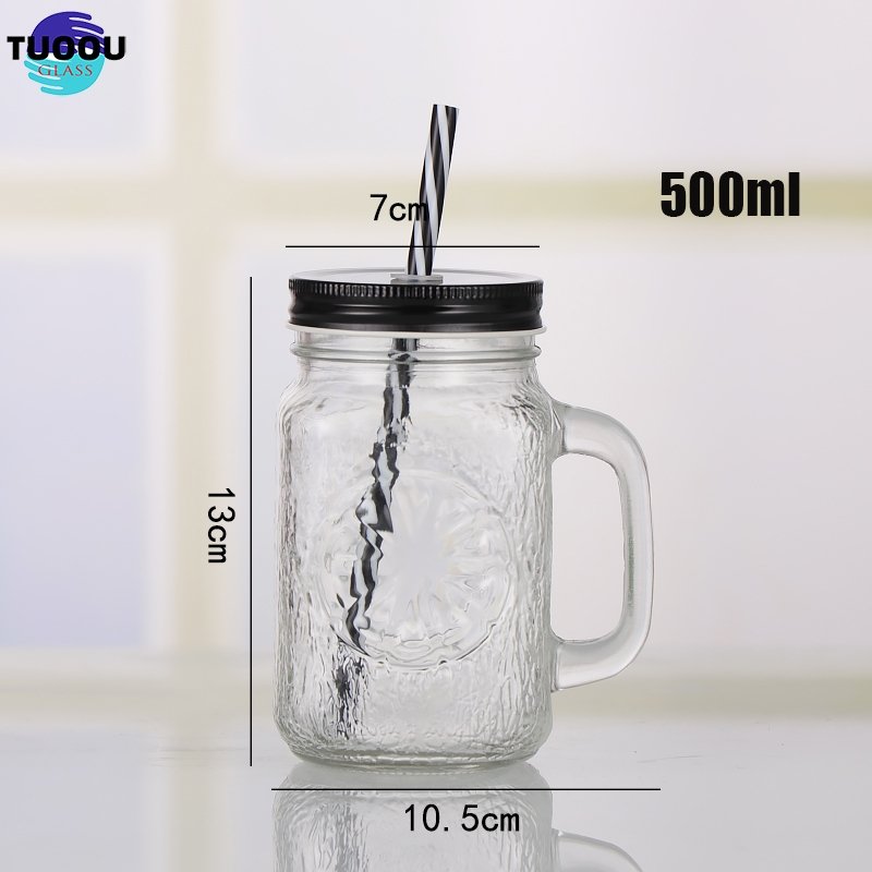 Inventory Wholesale 18oz Lemon Texture Printing Glass Mason Jar Can With And Straw lid Cup Juice Coffee Cold Drink Handle Mug