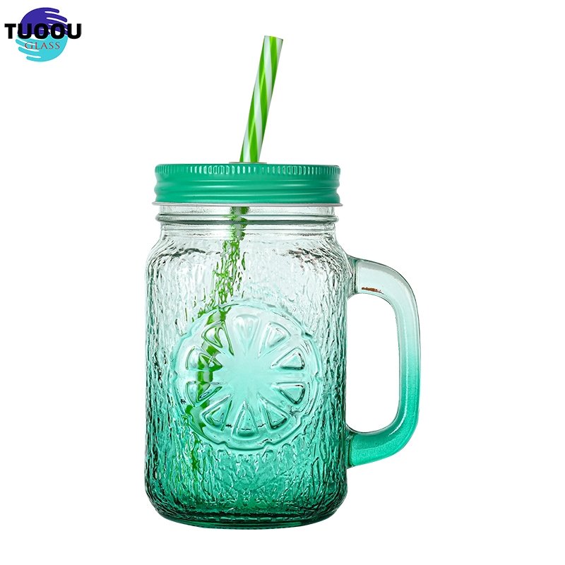 Inventory Wholesale 18oz Lemon Texture Printing Glass Mason Jar Can With And Straw lid Cup Juice Coffee Cold Drink Handle Mug