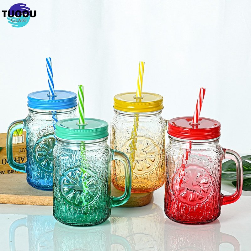 Inventory Wholesale 18oz Lemon Texture Printing Glass Mason Jar Can With And Straw lid Cup Juice Coffee Cold Drink Handle Mug