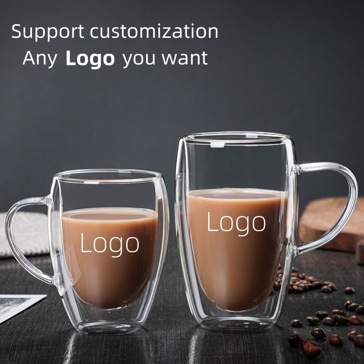 Wholesale high quality reusable double wall glass coffee cup with handle Borosilicate glass Custom logo glass mug for gift party