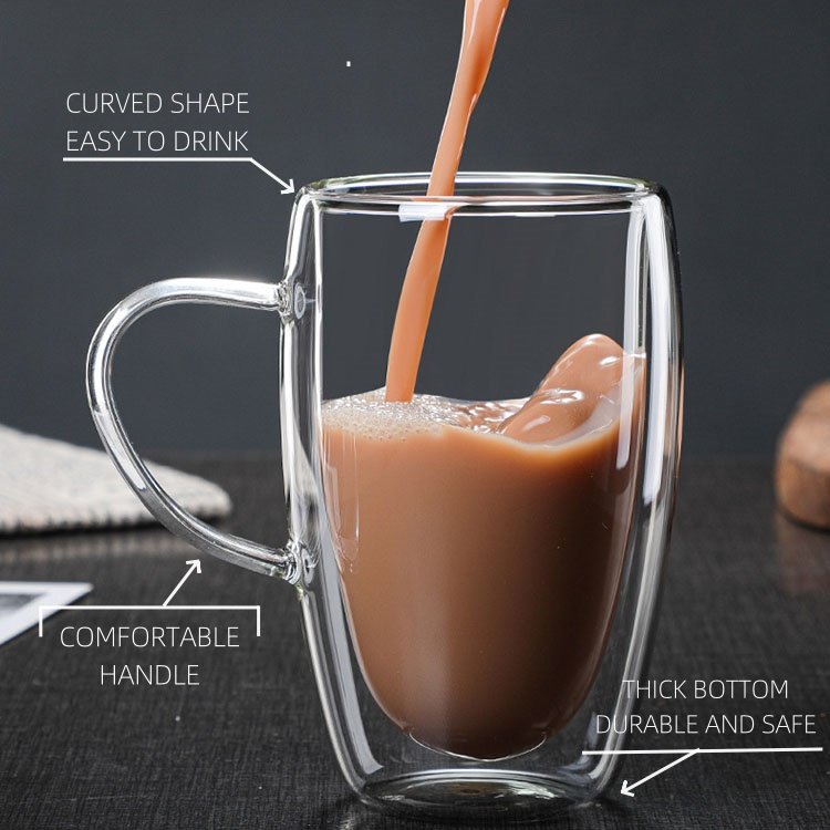 Wholesale high quality reusable double wall glass coffee cup with handle Borosilicate glass Custom logo glass mug for gift party