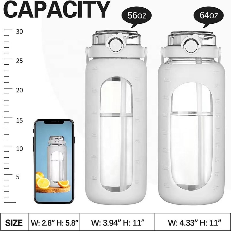 2023 Drinking Glass Kettle 64 OZ Glass Bottles With Straw with Time Marker Gallon Motivational Water Bottle with Silicone Sleeve