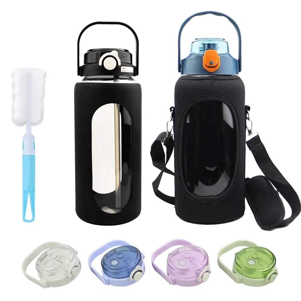 2023 Drinking Glass Kettle 64 OZ Glass Bottles With Straw with Time Marker Gallon Motivational Water Bottle with Silicone Sleeve