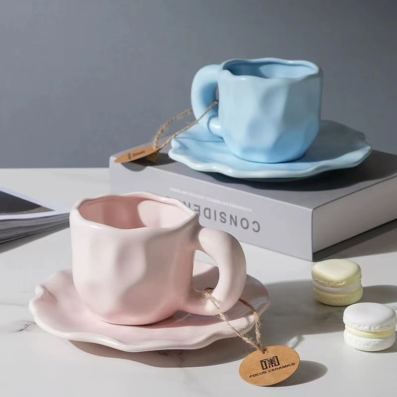 Hot selling handmade irregular macaron colored ceramic coffee tea mugs with saucer set solid color niche breakfast tea milk cups