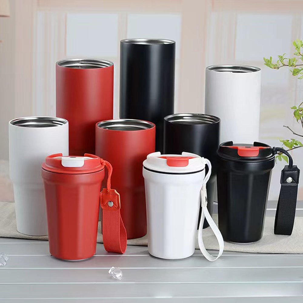 Custom Logo Double-wall Portable Car Thermos Cup, Wholesale Leak-proof Stainless Steel Vacuum Flask Handle Travel Coffee Mug