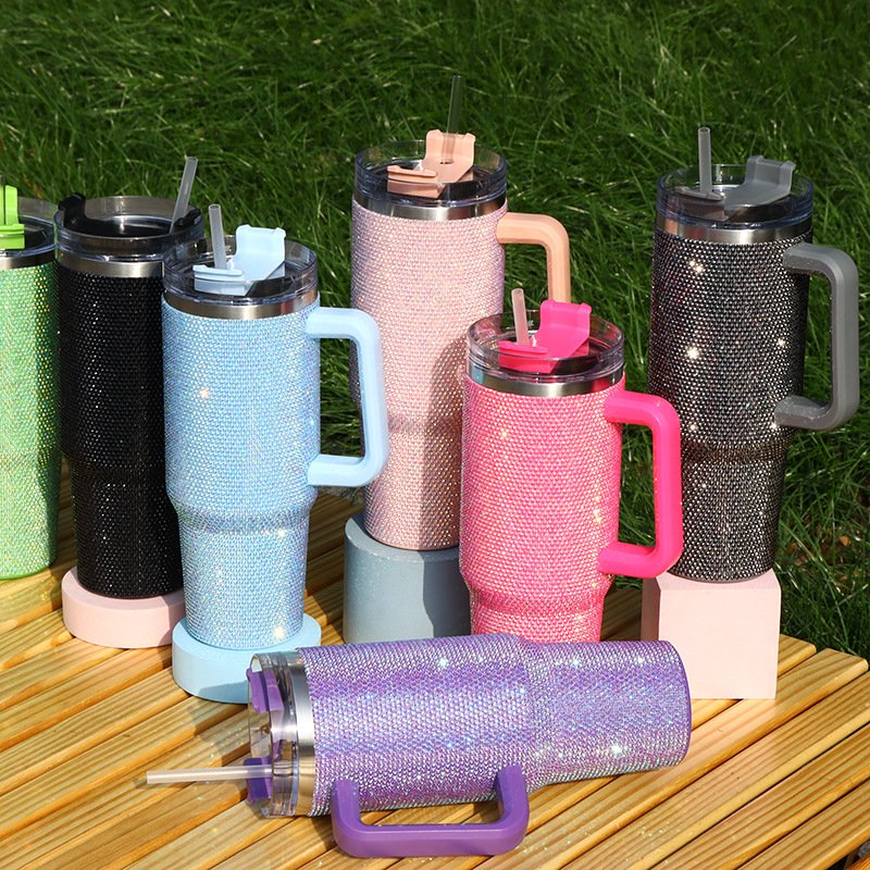 2024 Gifts 40Oz Rhinestone Stainless Steel 40Oz Tumbler With Handle 40Oz Wall Water Cup Travel Mug Water Bottle
