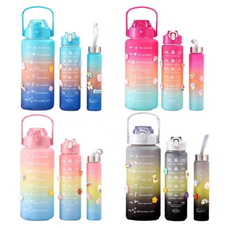 3 Pcs In 1 2L Direct Drinking Plastic Sport BPA Free Gym Fitness Motivational Water Bottles Set Of 3 With Straw And Handgrip
