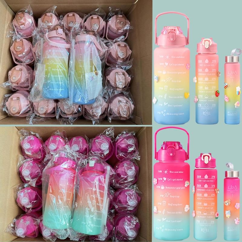 3 Pcs In 1 2L Direct Drinking Plastic Sport BPA Free Gym Fitness Motivational Water Bottles Set Of 3 With Straw And Handgrip