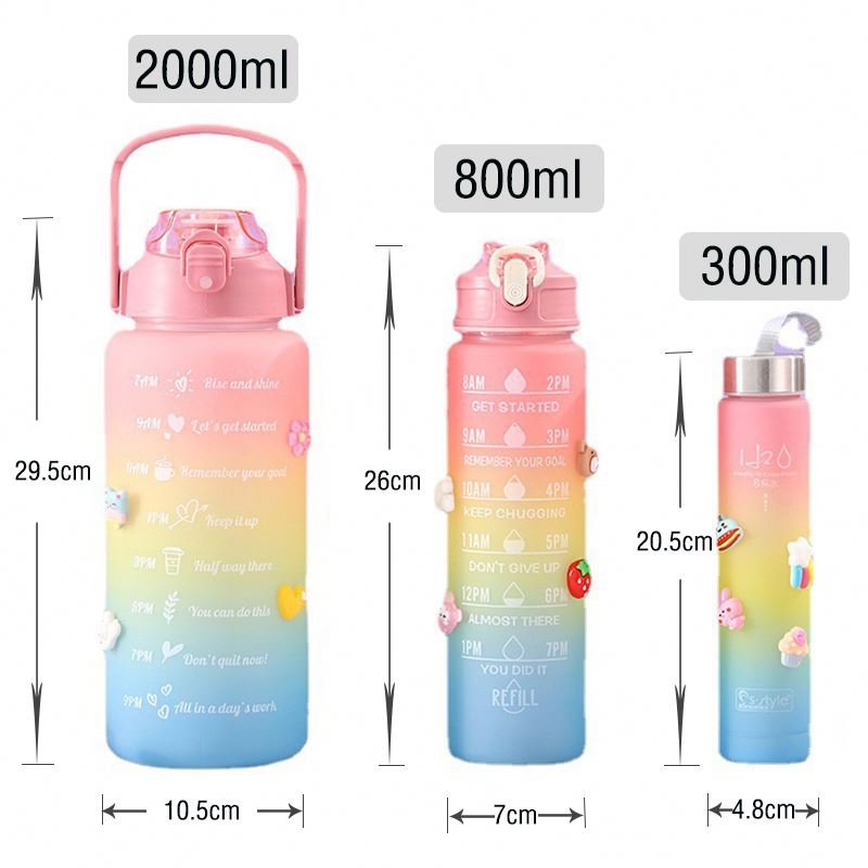 3 Pcs In 1 2L Direct Drinking Plastic Sport BPA Free Gym Fitness Motivational Water Bottles Set Of 3 With Straw And Handgrip