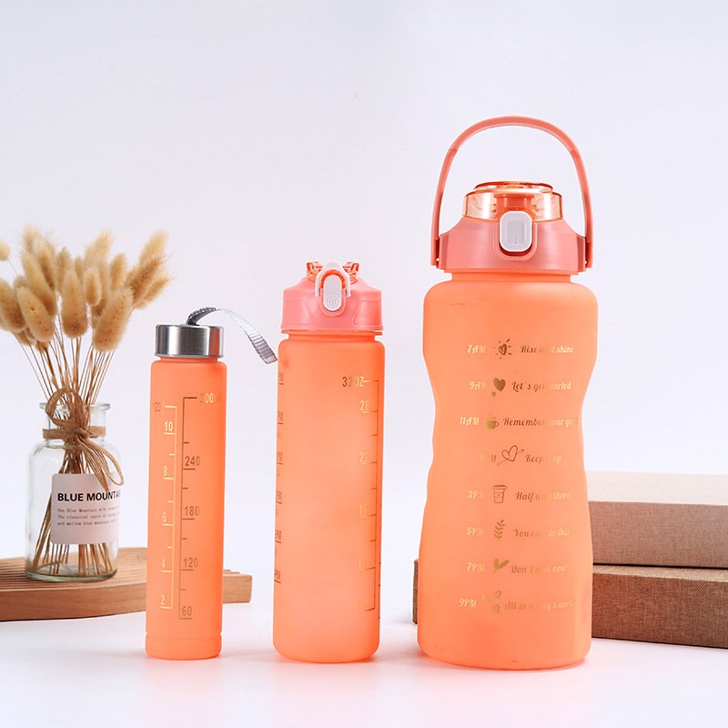 Stocked 3 in 1 Free 12 28 32 64 oz Set 3 Pcs Straw Lid Handgrip Motivational Water Bottles For Gym Sports Outdoor