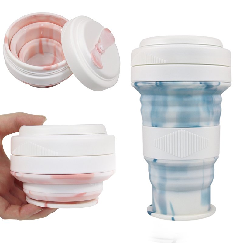 Promotion Products Outdoor Silicon Collapsible Cup Retractable Folding Silicone Camping Cups Travel To Go Mug with Lid and Straw