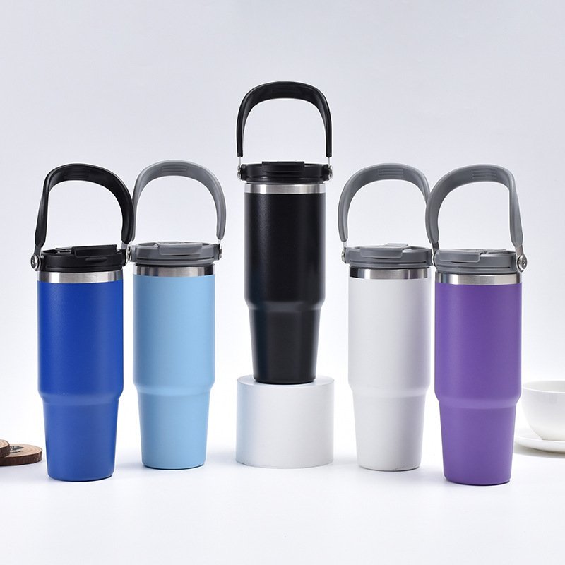 Custom Logo 20oz 30oz Travel Coffee Mugs Stainless Steel Thermos Thermal Water Cups Flip Straw Tumbler With Handle