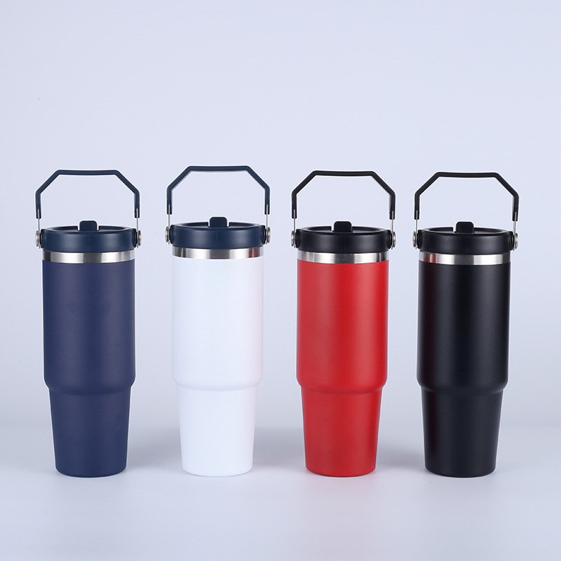 Custom Logo 20oz 30oz Travel Coffee Mugs Stainless Steel Thermos Thermal Water Cups Flip Straw Tumbler With Handle