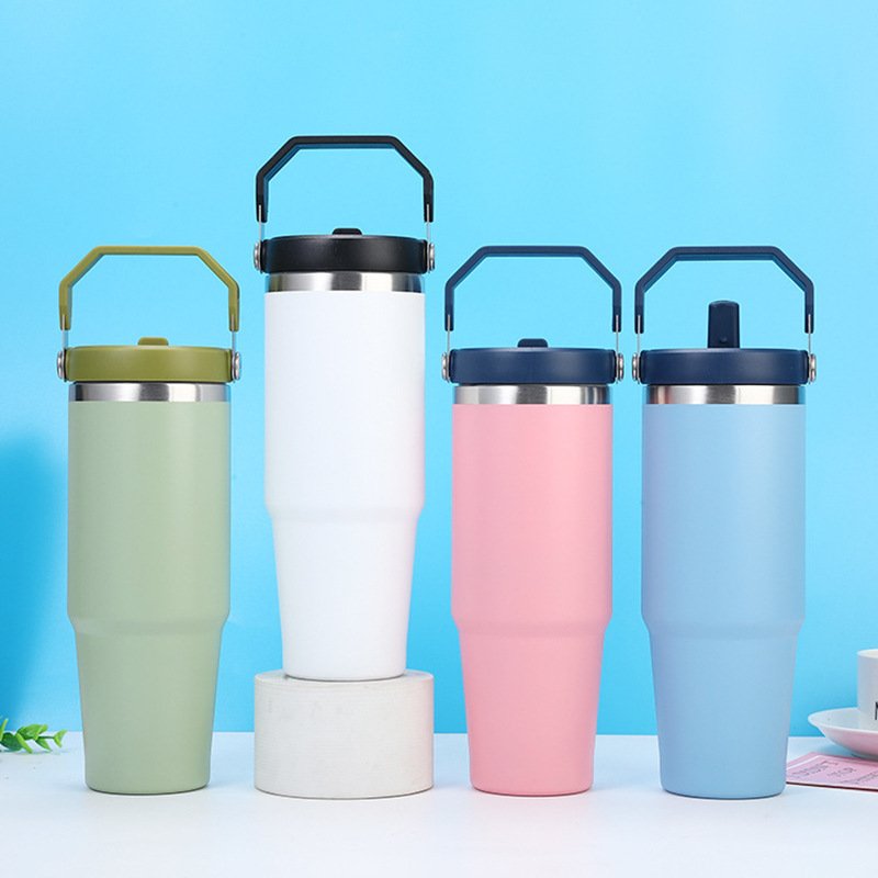 Custom Logo 20oz 30oz Travel Coffee Mugs Stainless Steel Thermos Thermal Water Cups Flip Straw Tumbler With Handle
