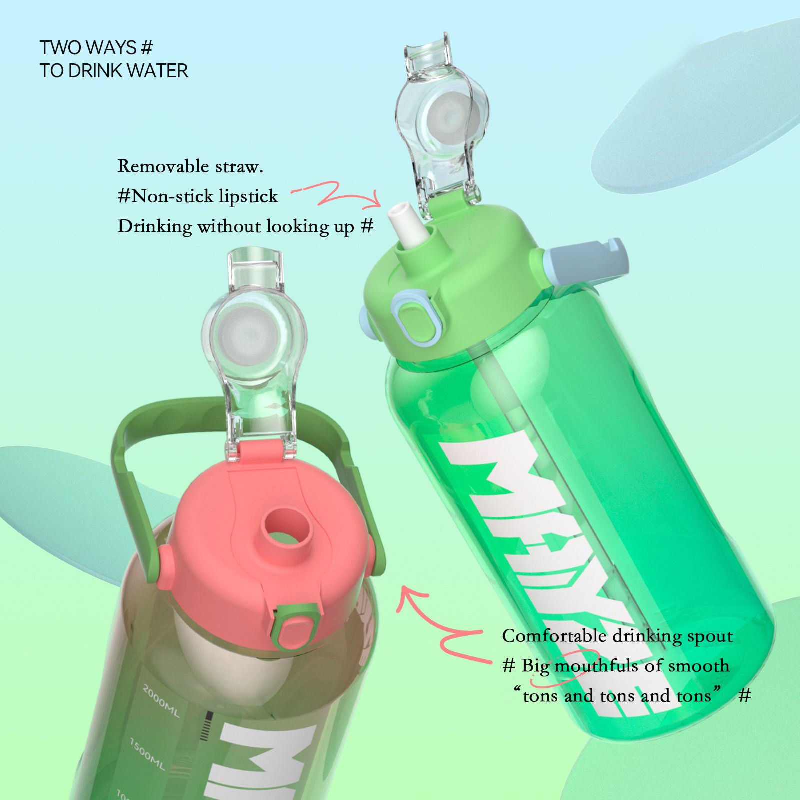 Customizable Sports Double Drinking Plastic Straw Water Bottle Large Capacity 2000ml Gradient Plastic Water Bottle With Scale