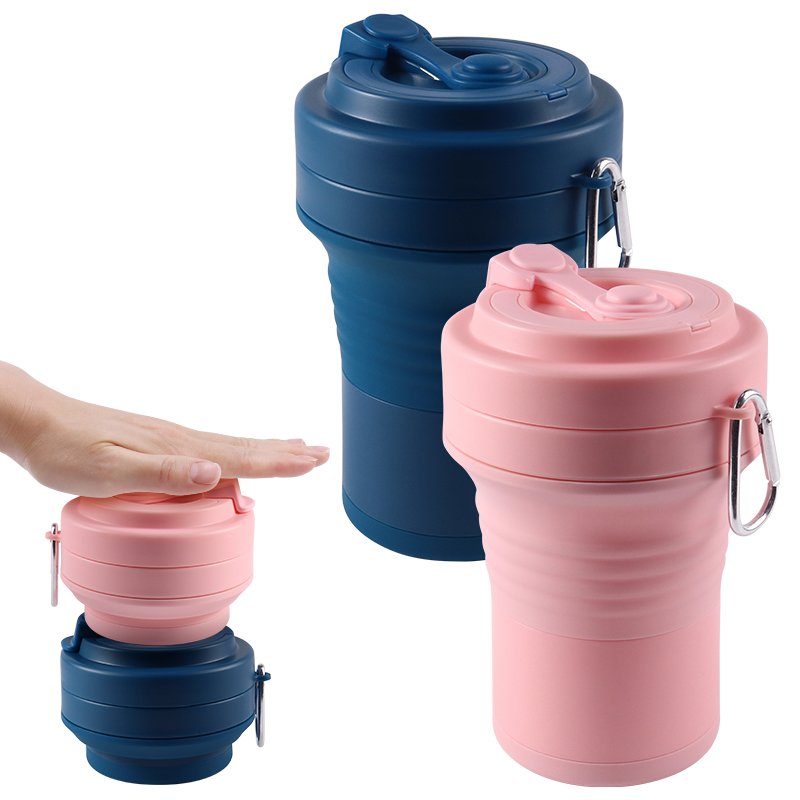 Custom Traveling Cup 550ML Portable Reusable Silicon Folding Collapsible Cup Silicone Travel Coffee Cups Mug with Lid and Straw