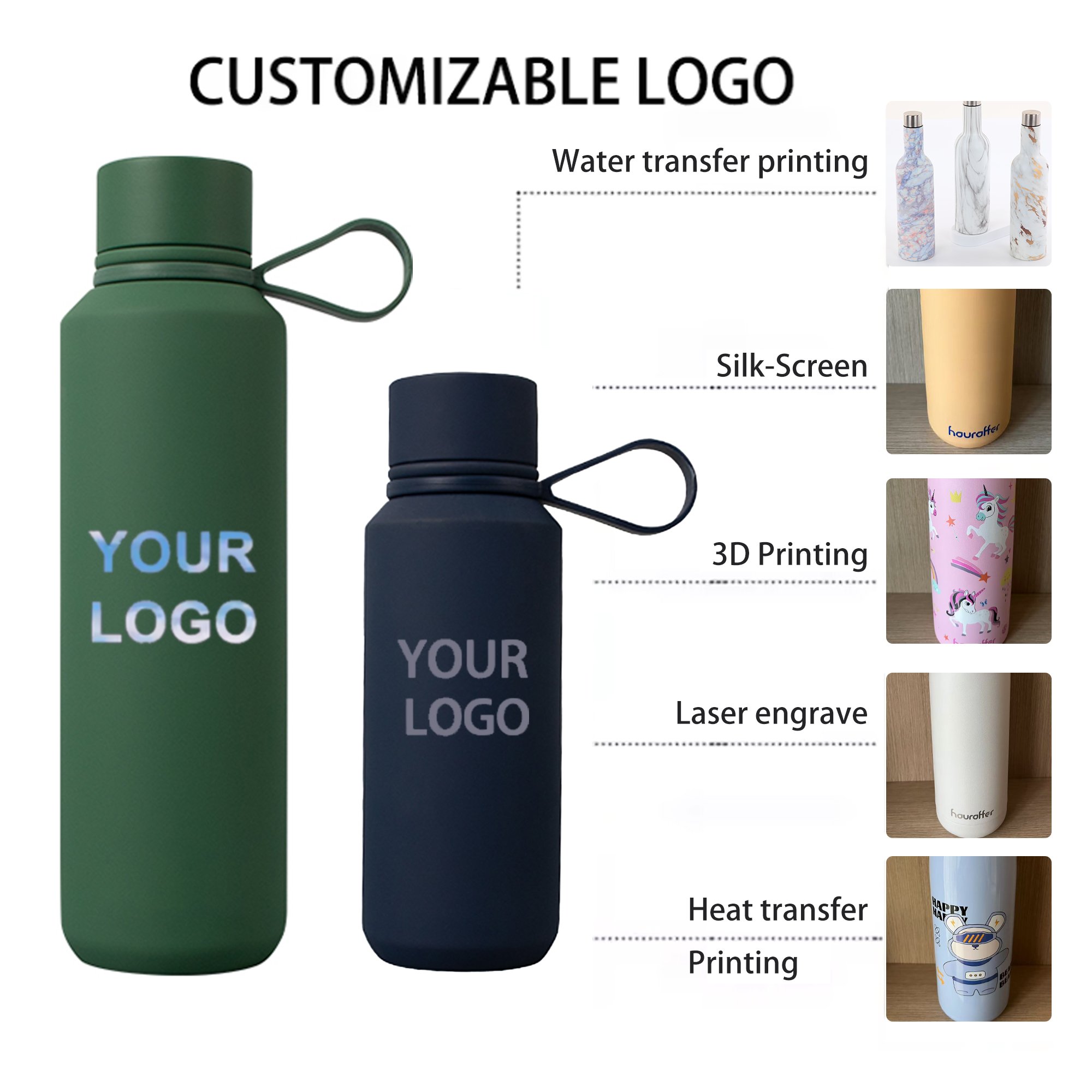 Houroffer 12oz Stainless Steel Termos Standard Mouth Water Bottle With Silicone Cap Handle Double-Wall Mug Cup For Water