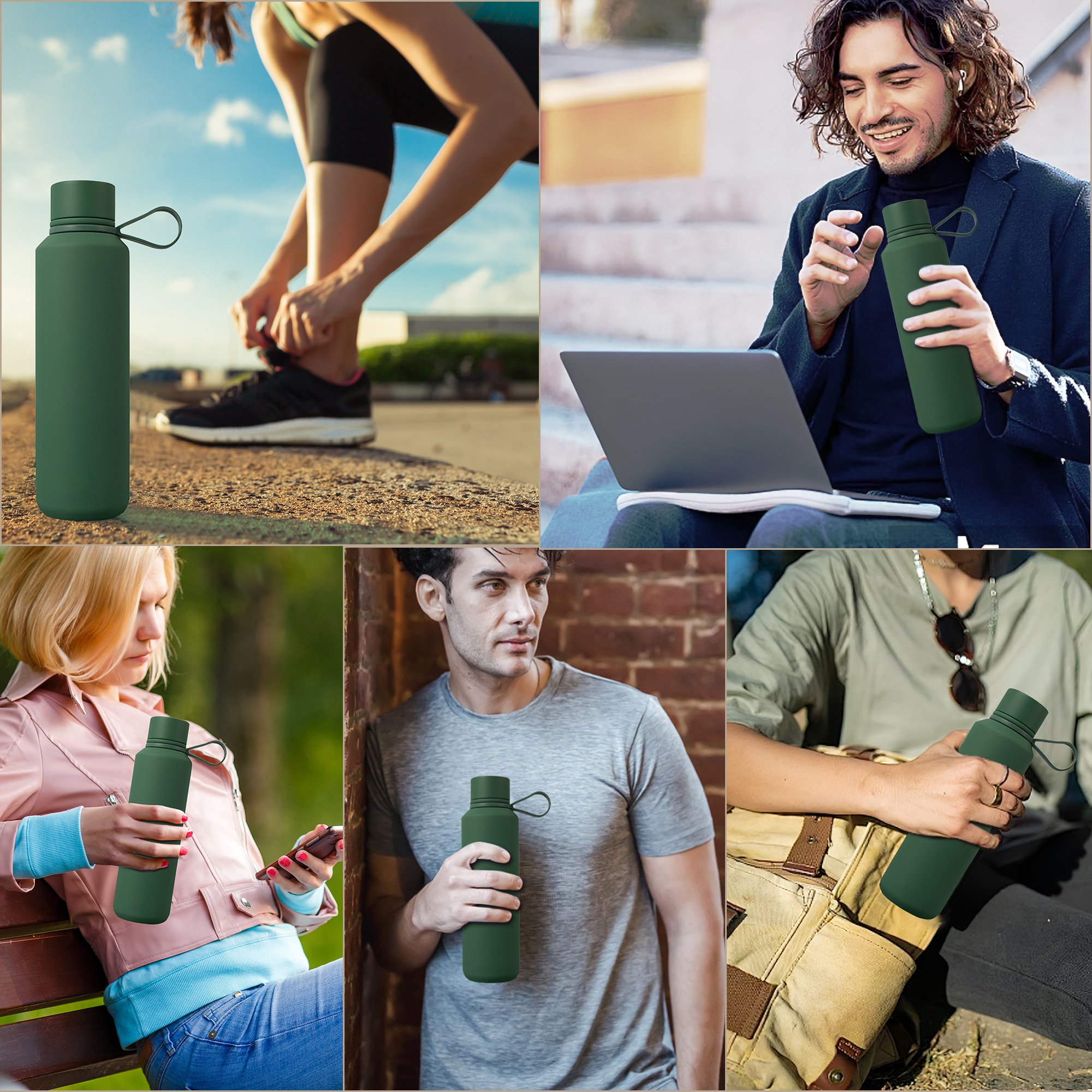 Houroffer 12oz Stainless Steel Termos Standard Mouth Water Bottle With Silicone Cap Handle Double-Wall Mug Cup For Water