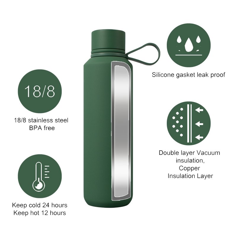 Houroffer 12oz Stainless Steel Termos Standard Mouth Water Bottle With Silicone Cap Handle Double-Wall Mug Cup For Water