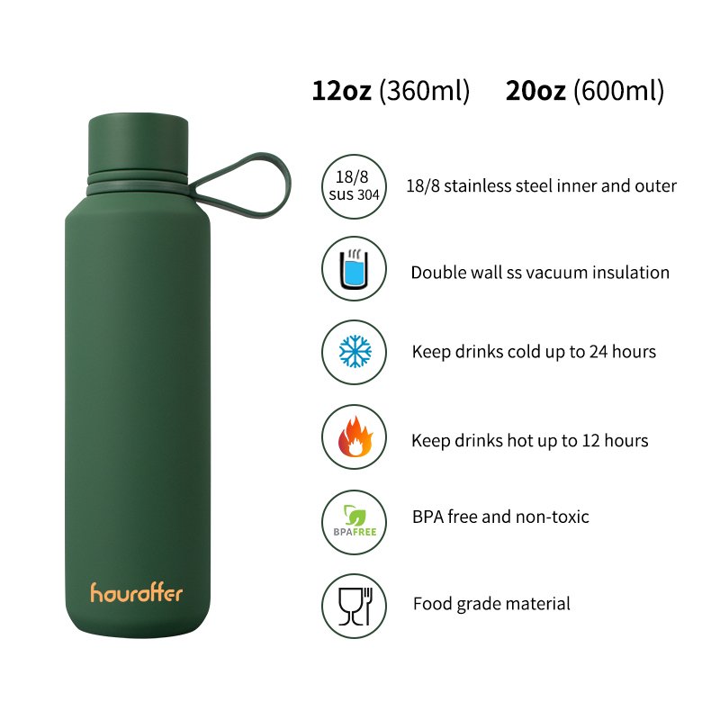 Houroffer 12oz Stainless Steel Termos Standard Mouth Water Bottle With Silicone Cap Handle Double-Wall Mug Cup For Water