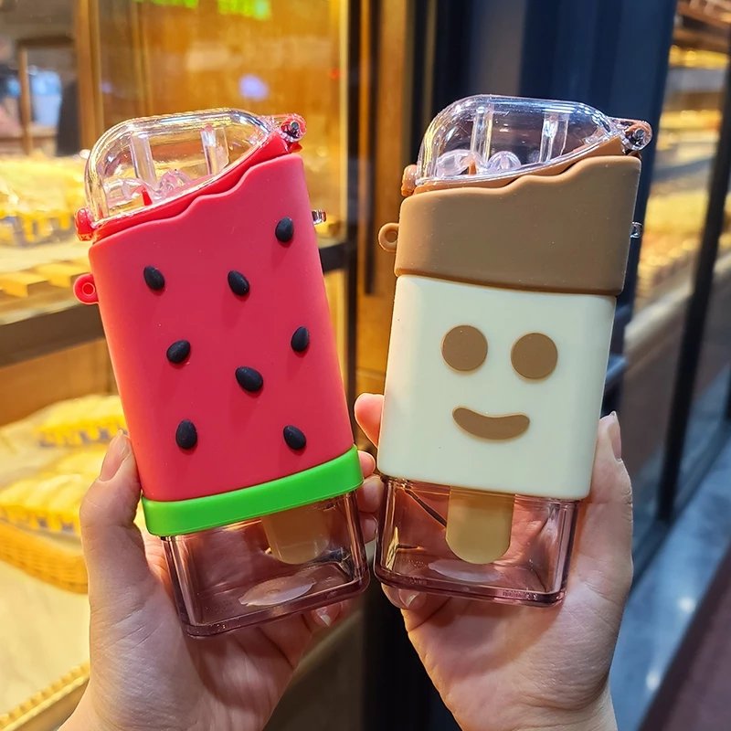 Cute Creative Leak Proof Tritan Bottle BPA Free Ice Cream Watermelon Cup Water Bottle with Straw for Kids Children White Box