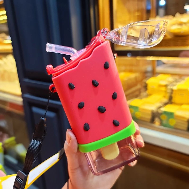 Cute Creative Leak Proof Tritan Bottle BPA Free Ice Cream Watermelon Cup Water Bottle with Straw for Kids Children White Box