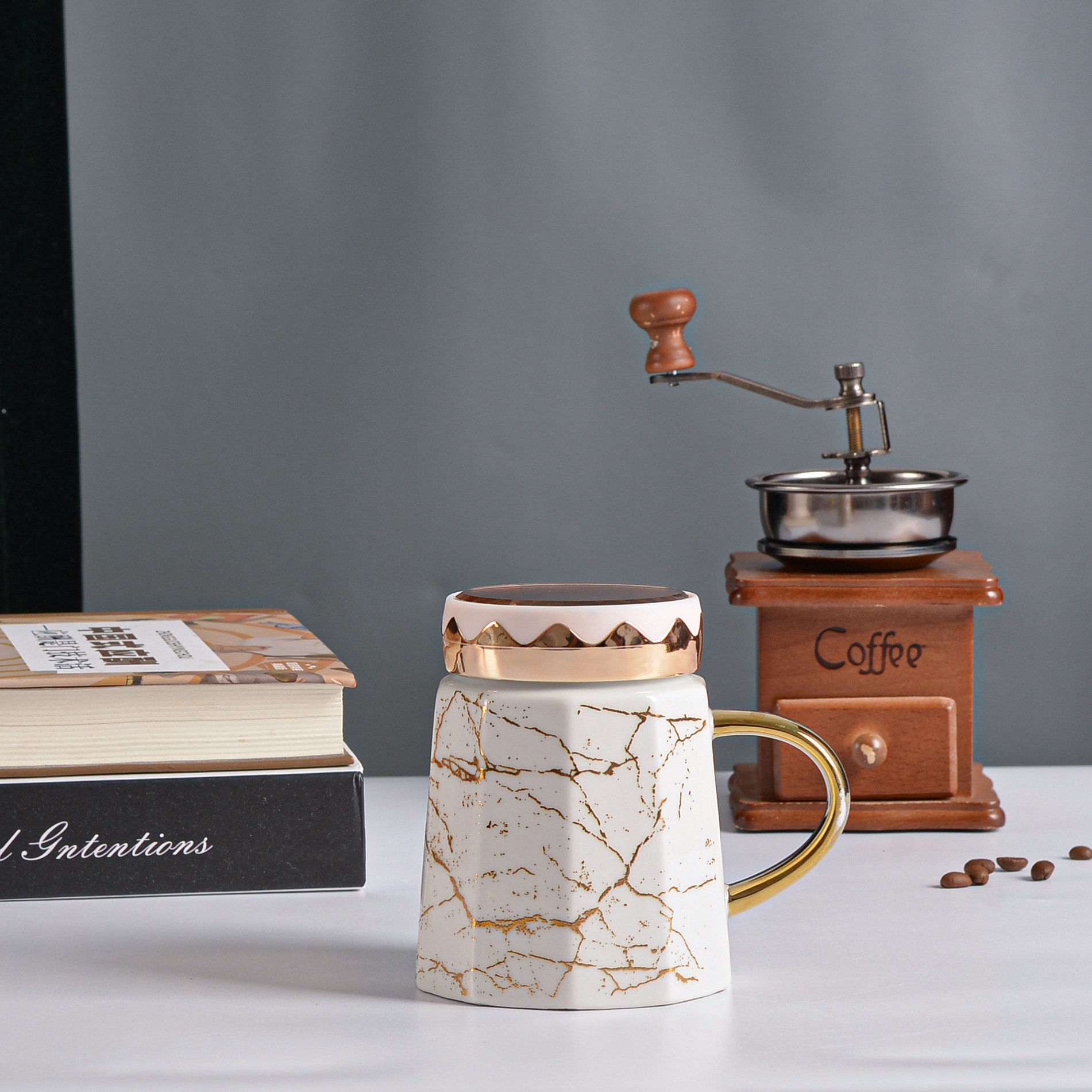 Wholesale high quality Water Cup With Mirror Lid new design pearl glazed marble Ceramic coffee Mug