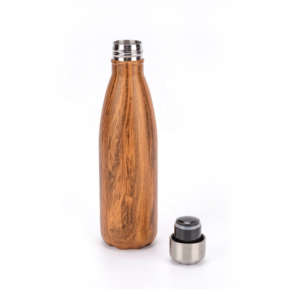OEM Teakwood 304 stainless steel 17oz vacuum flasks cola shape thermo water bottles