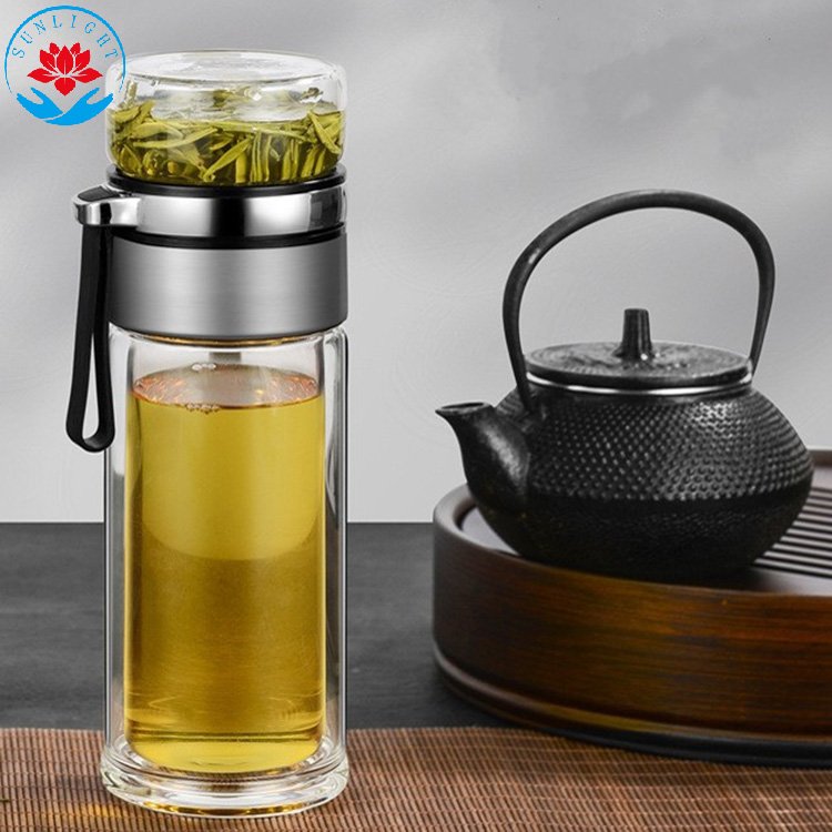 Factory Price Tea Infuser Glass Water Bottle 400ML Double Walled Tea Flask Bottle With Lid
