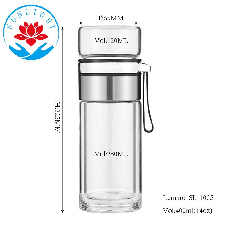 Factory Price Tea Infuser Glass Water Bottle 400ML Double Walled Tea Flask Bottle With Lid