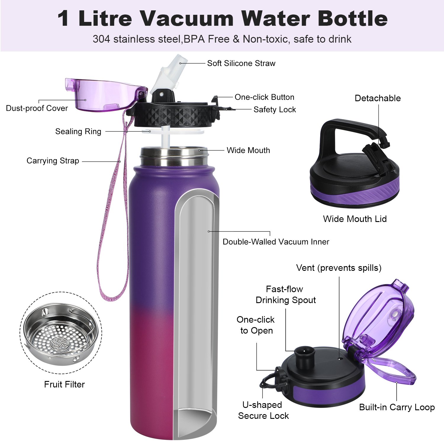 1000ml Double Wall Stainless Steel Tumbler Thermos Portable Vacuum Travel Water Bottle With Lid For Sports With Custom Logo
