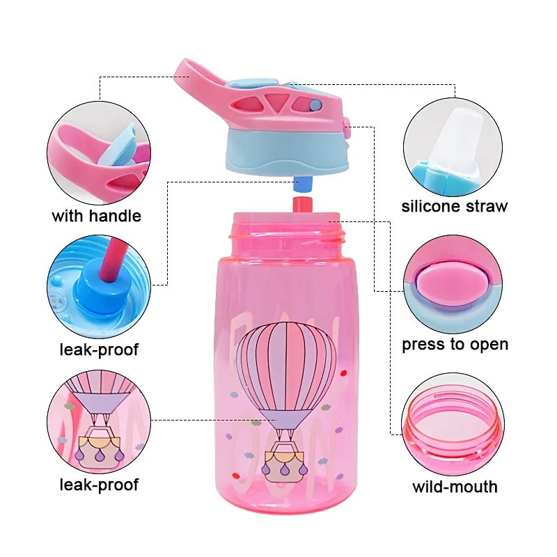 High Quality 480ml Eco Friendly Portable Plastic Kids Water Bottle with Flip Straw BPA Free Sippy Cups Kids Water Bottle