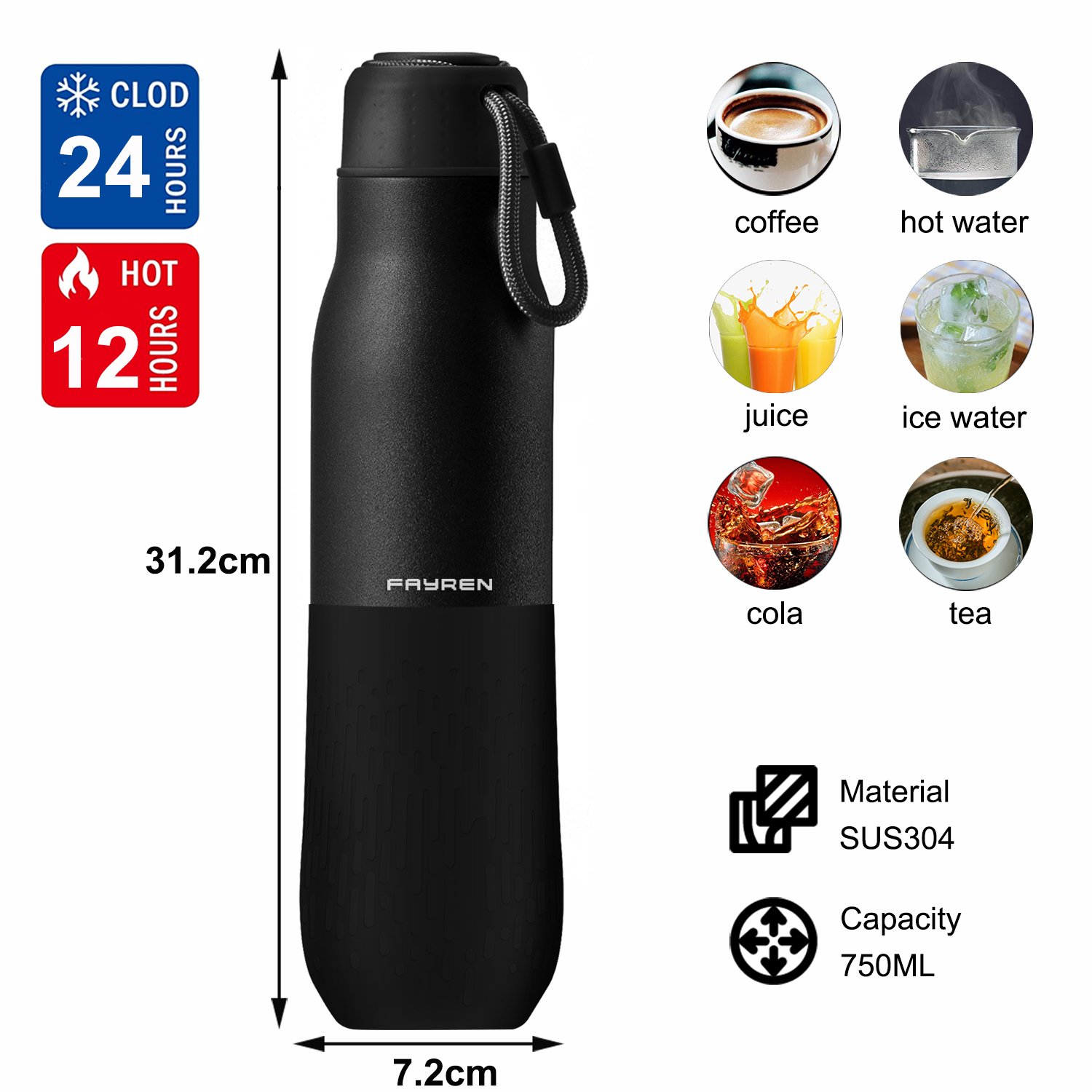 Custom Logo lid double wall 304 vacuum stainless steel vacuum flask sport water bottles with handle