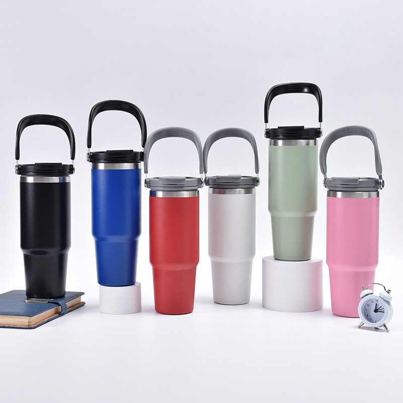 Sky Blue 30oz Water Bottles with Straw Lid and Handle for Sports Food Grade 18/8 Stainless Steel Insulated Flasks Beverage Cup