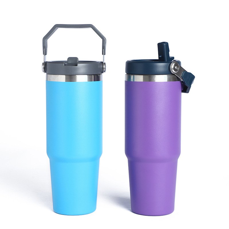 Sky Blue 30oz Water Bottles with Straw Lid and Handle for Sports Food Grade 18/8 Stainless Steel Insulated Flasks Beverage Cup