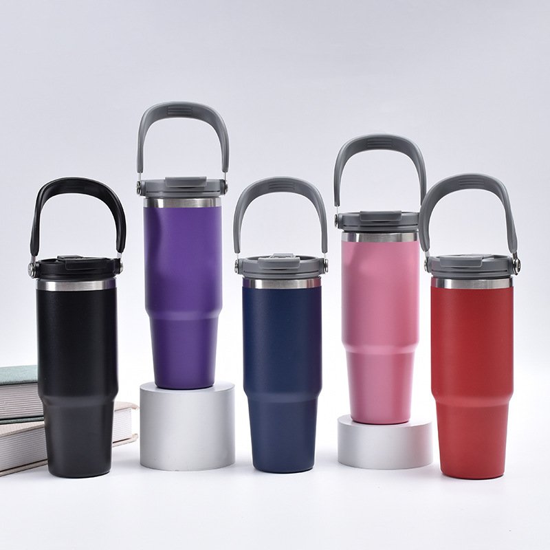 Sky Blue 30oz Water Bottles with Straw Lid and Handle for Sports Food Grade 18/8 Stainless Steel Insulated Flasks Beverage Cup