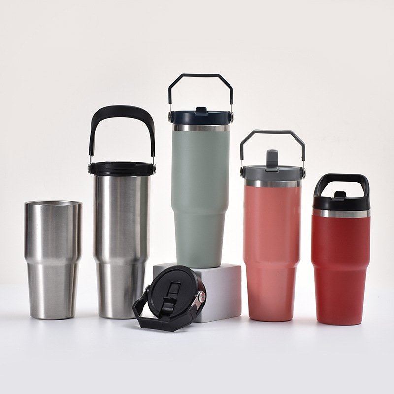 Sky Blue 30oz Water Bottles with Straw Lid and Handle for Sports Food Grade 18/8 Stainless Steel Insulated Flasks Beverage Cup