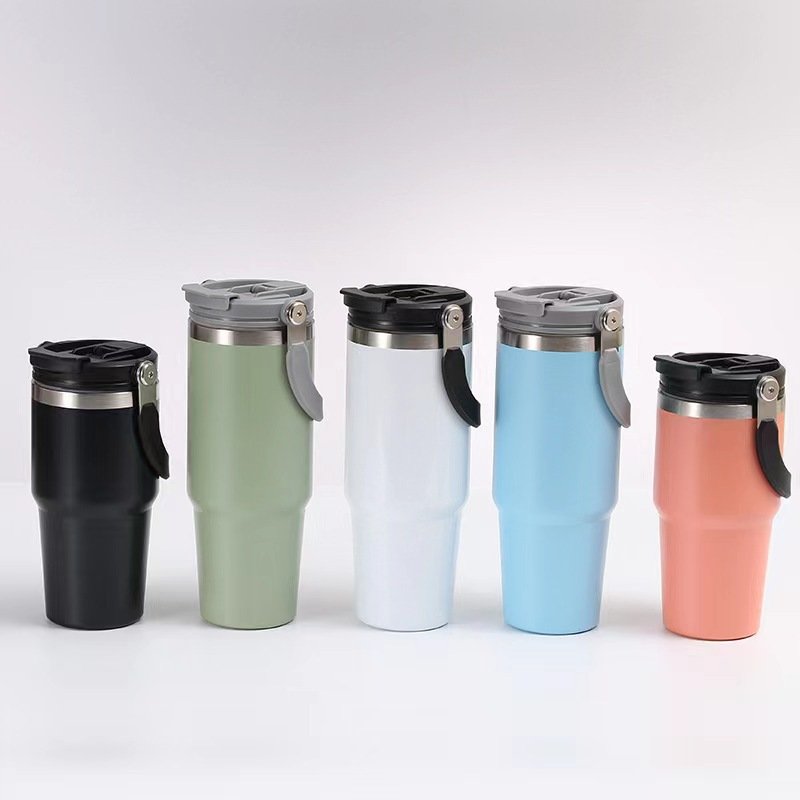 Sky Blue 30oz Water Bottles with Straw Lid and Handle for Sports Food Grade 18/8 Stainless Steel Insulated Flasks Beverage Cup