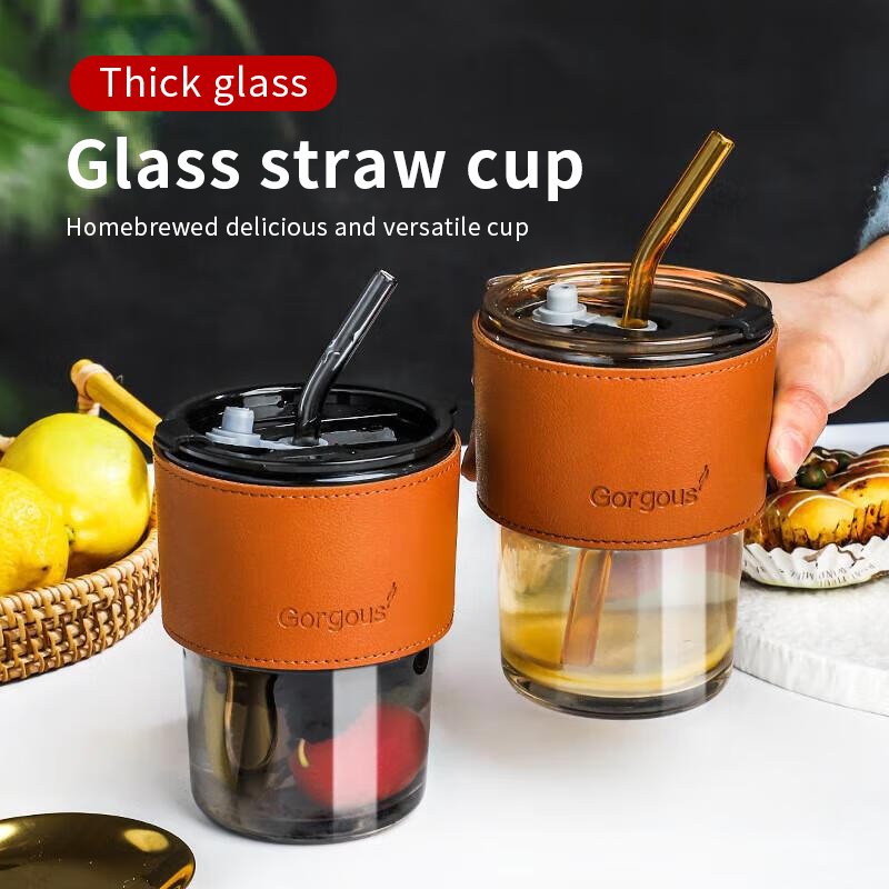 Customizable Logo Transparent Glass Cup Straw Home Companion Gift Leather Case Net Red Bamboo Cup Personalized Mugs Collection