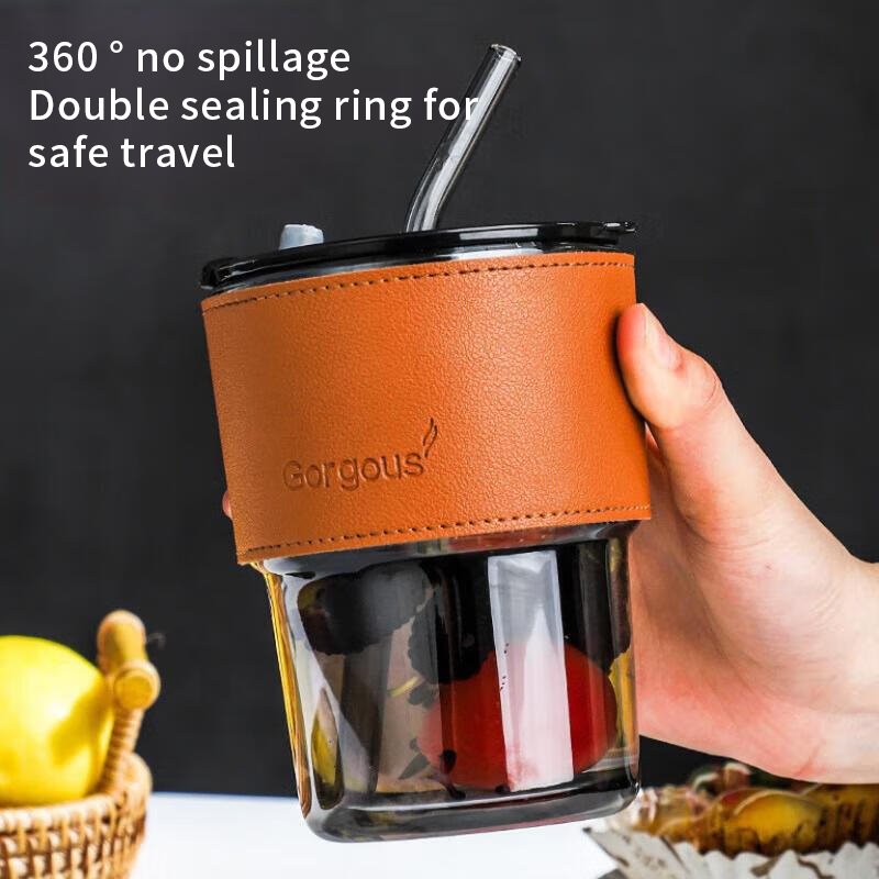 Customizable Logo Transparent Glass Cup Straw Home Companion Gift Leather Case Net Red Bamboo Cup Personalized Mugs Collection