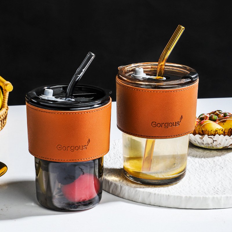 Customizable Logo Transparent Glass Cup Straw Home Companion Gift Leather Case Net Red Bamboo Cup Personalized Mugs Collection