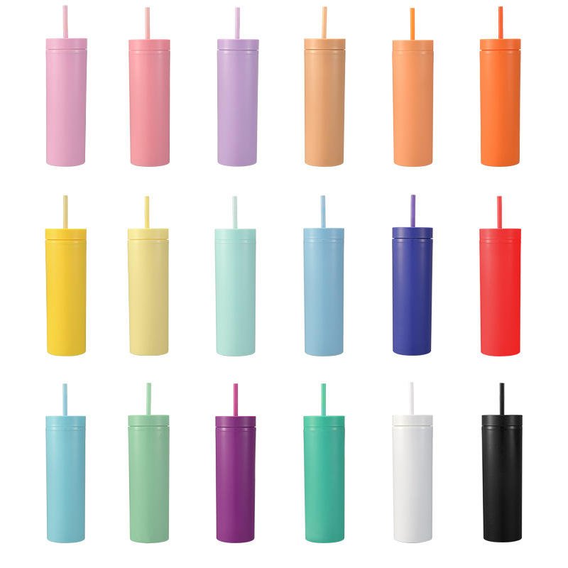 16oz Plastic Tumbler Cups Double Wall with Lid and Straw Mug Insulated Reusable Tumbler Clear Acrylic Tumbler Rubber Cup