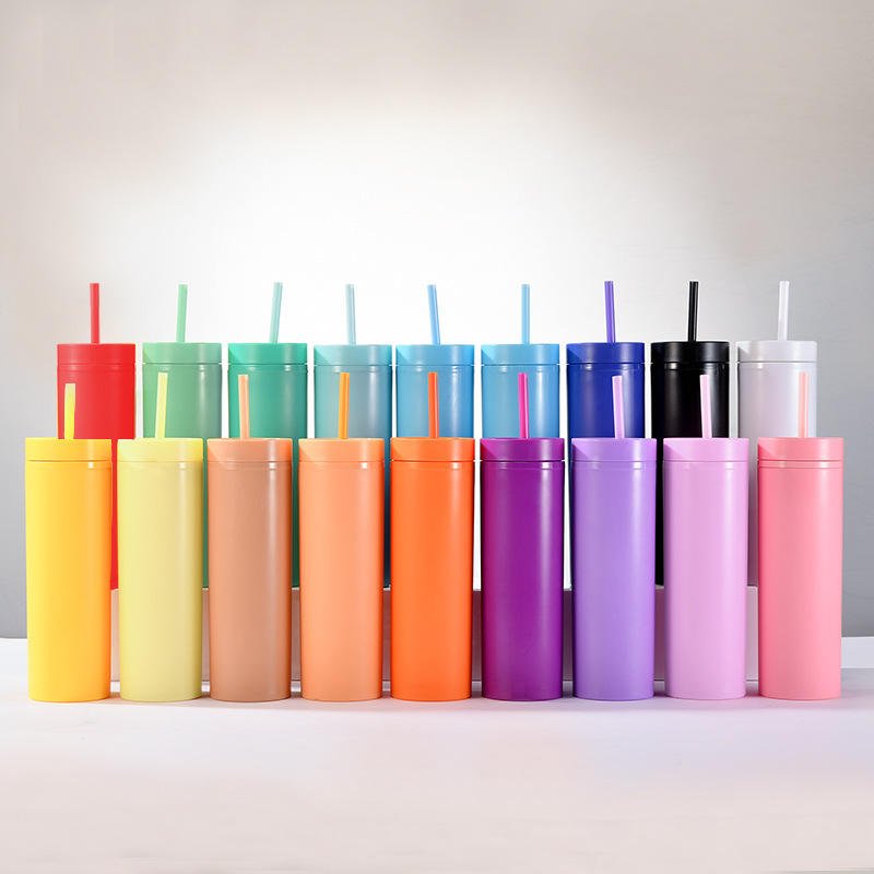 16oz Plastic Tumbler Cups Double Wall with Lid and Straw Mug Insulated Reusable Tumbler Clear Acrylic Tumbler Rubber Cup
