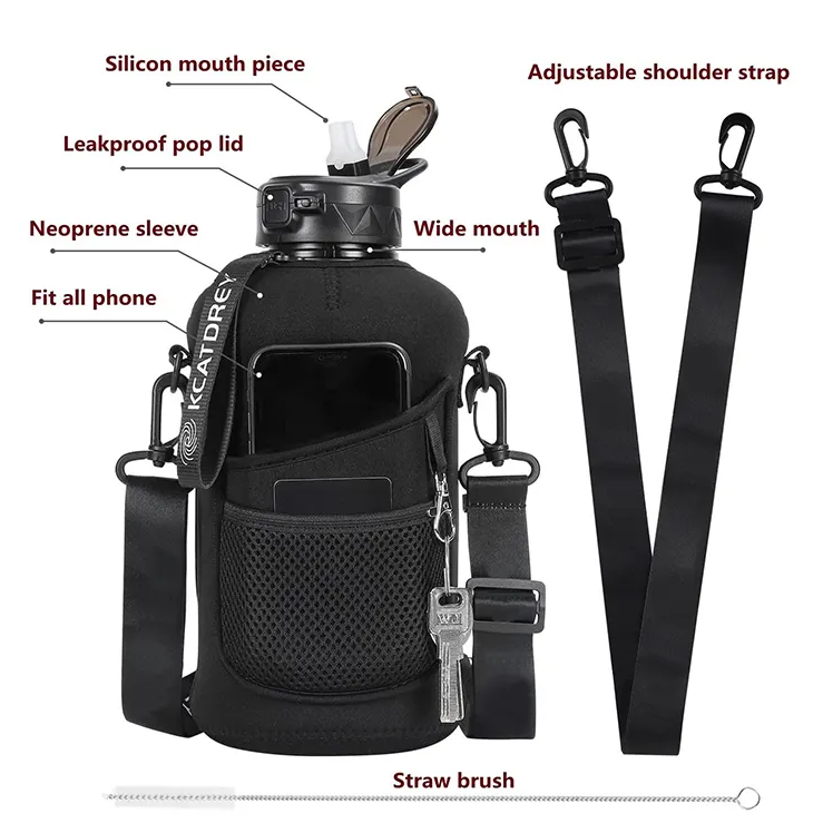 2.2L Water Bottle with Insulated Sleeve and Straw Lid handle Motivational Time Marker pocket Leakproof BPA free for men